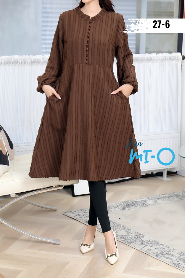 Straight Striped Long Sleeve Midi Dress