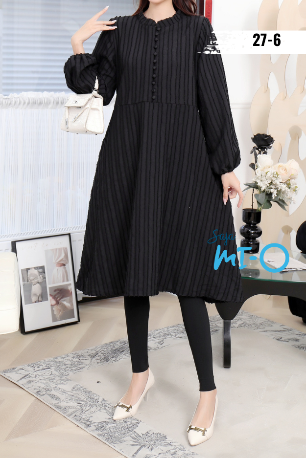 Straight Striped Long Sleeve Midi Dress