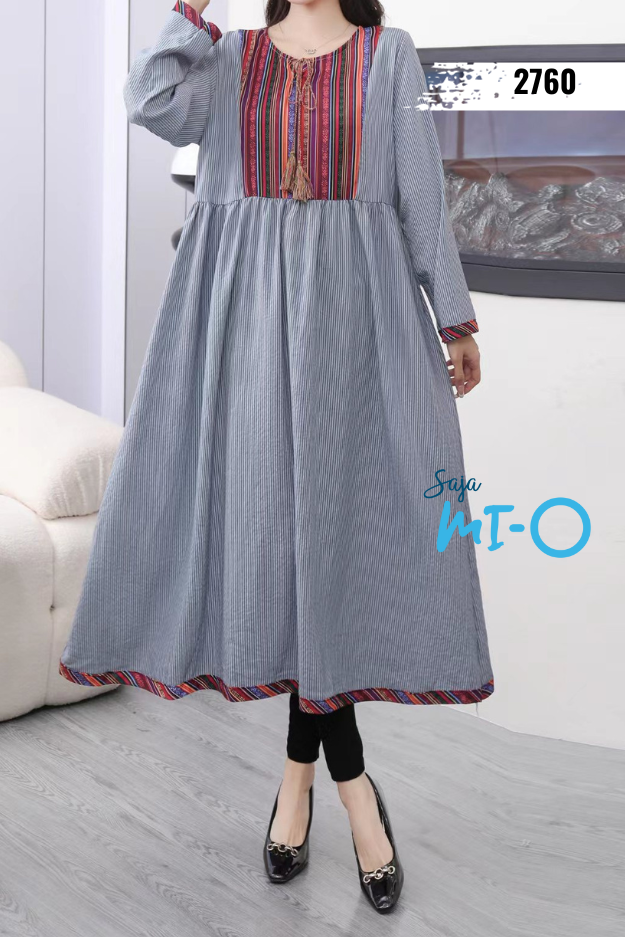 Striped & Floral Print Tie Neck Midi Dress
