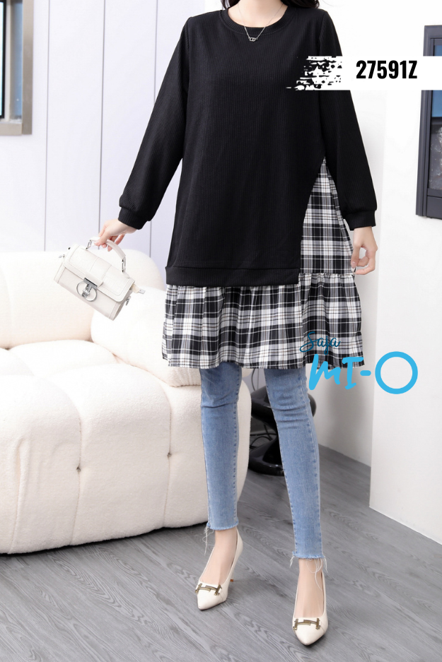 Floral/Checkered Base + Black Solid Tunic (One Piece Top)