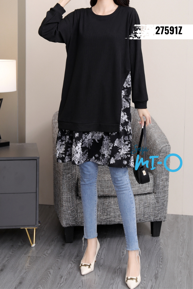 Floral/Checkered Base + Black Solid Tunic (One Piece Top)