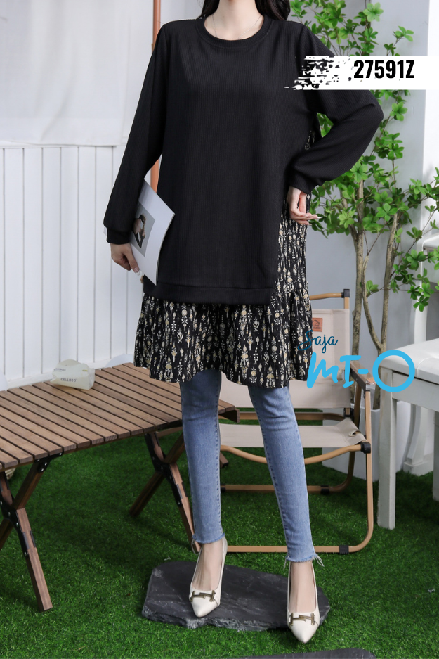 Floral/Checkered Base + Black Solid Tunic (One Piece Top)