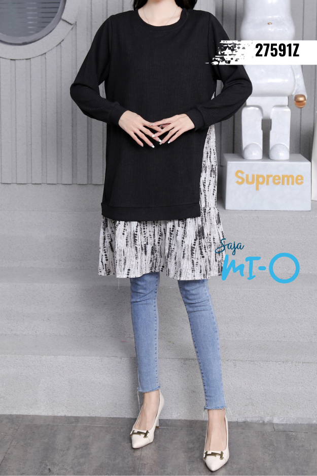 Floral/Checkered Base + Black Solid Tunic (One Piece Top)