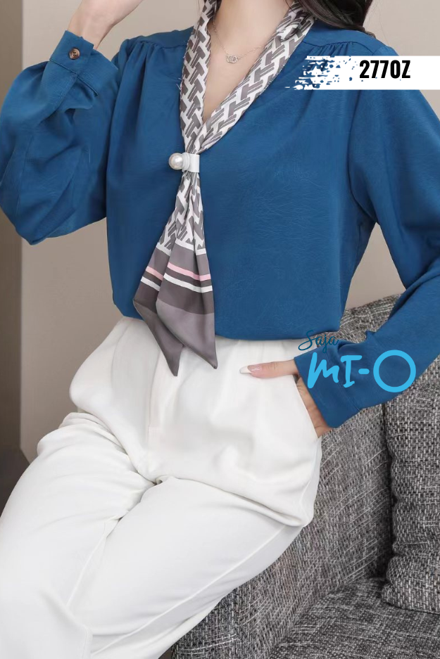 V- Neck Scarf Design Long Sleeve Top