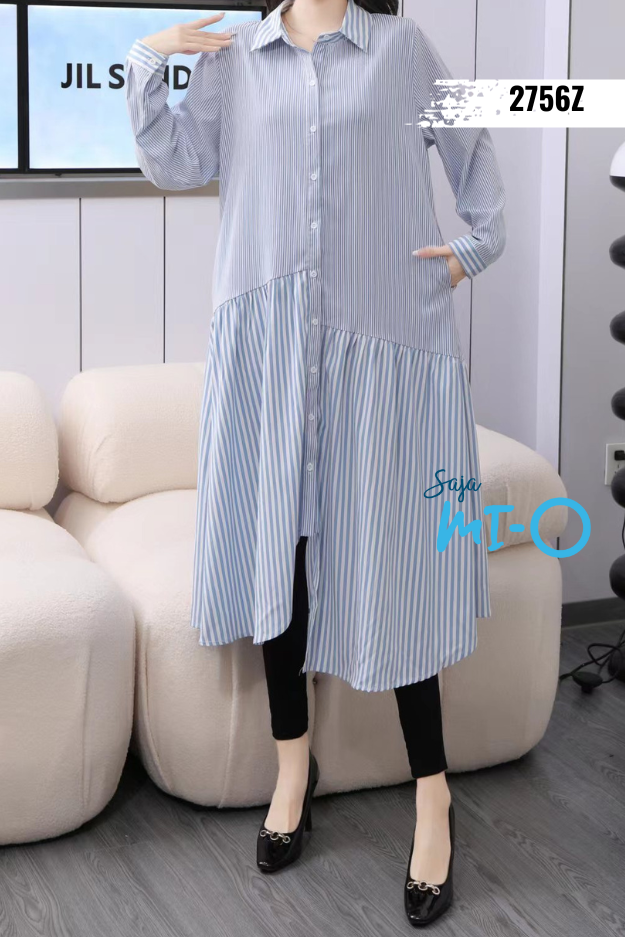 Straight Striped MIdi Dress with Collar
