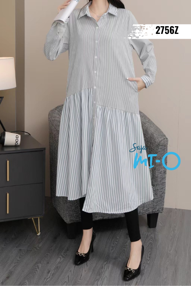 Straight Striped MIdi Dress with Collar