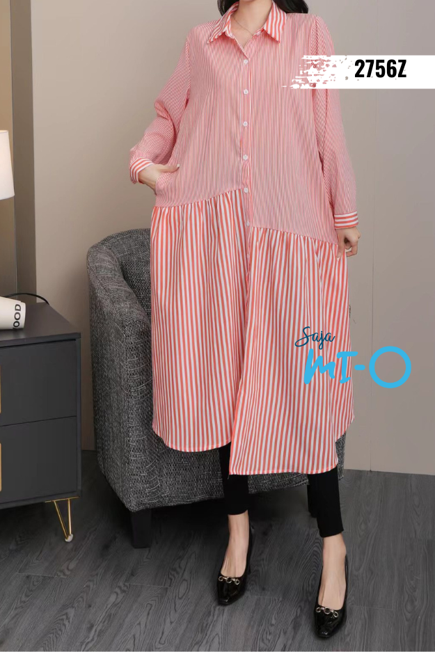 Straight Striped MIdi Dress with Collar
